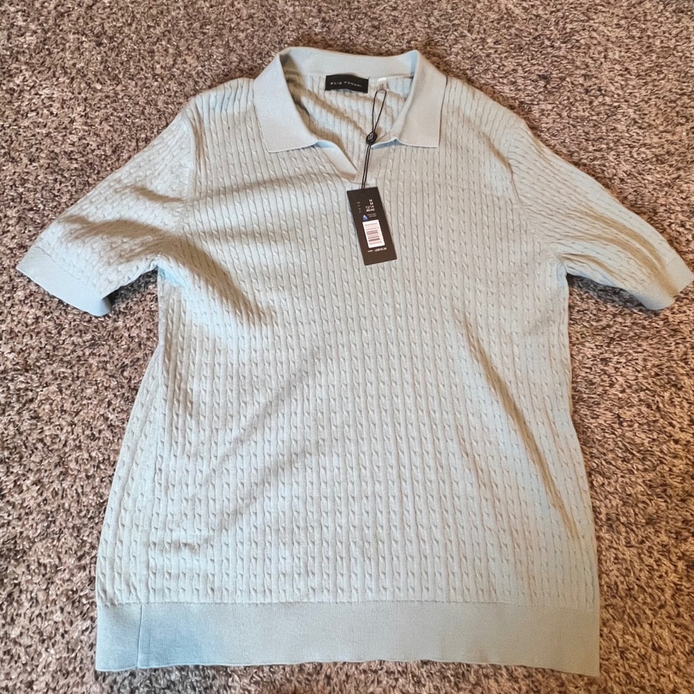 Elie Tahari Seafoam Cable Knit Polo Short Sleeve Sweater Top Blue Men Medium NEW